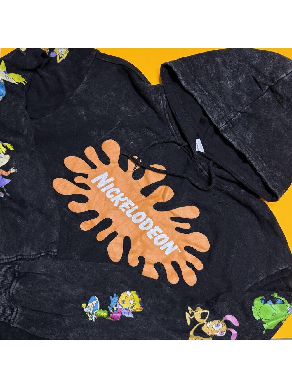 Retro Nickelodeon Black Acid Wash Hoodie Sweater Rugrats Catdog Hey Arnold M